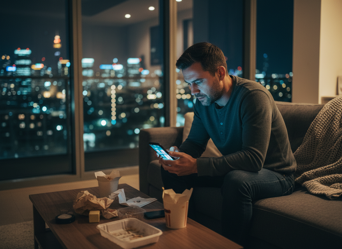 Man alone swiping on a dating app at home